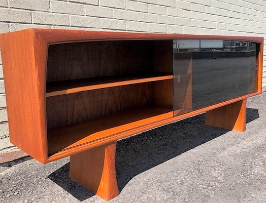 REFINISHED MCM Teak Display Bookcase w tinted glass doors 6 ft, perfect - Mid Century Modern Toronto