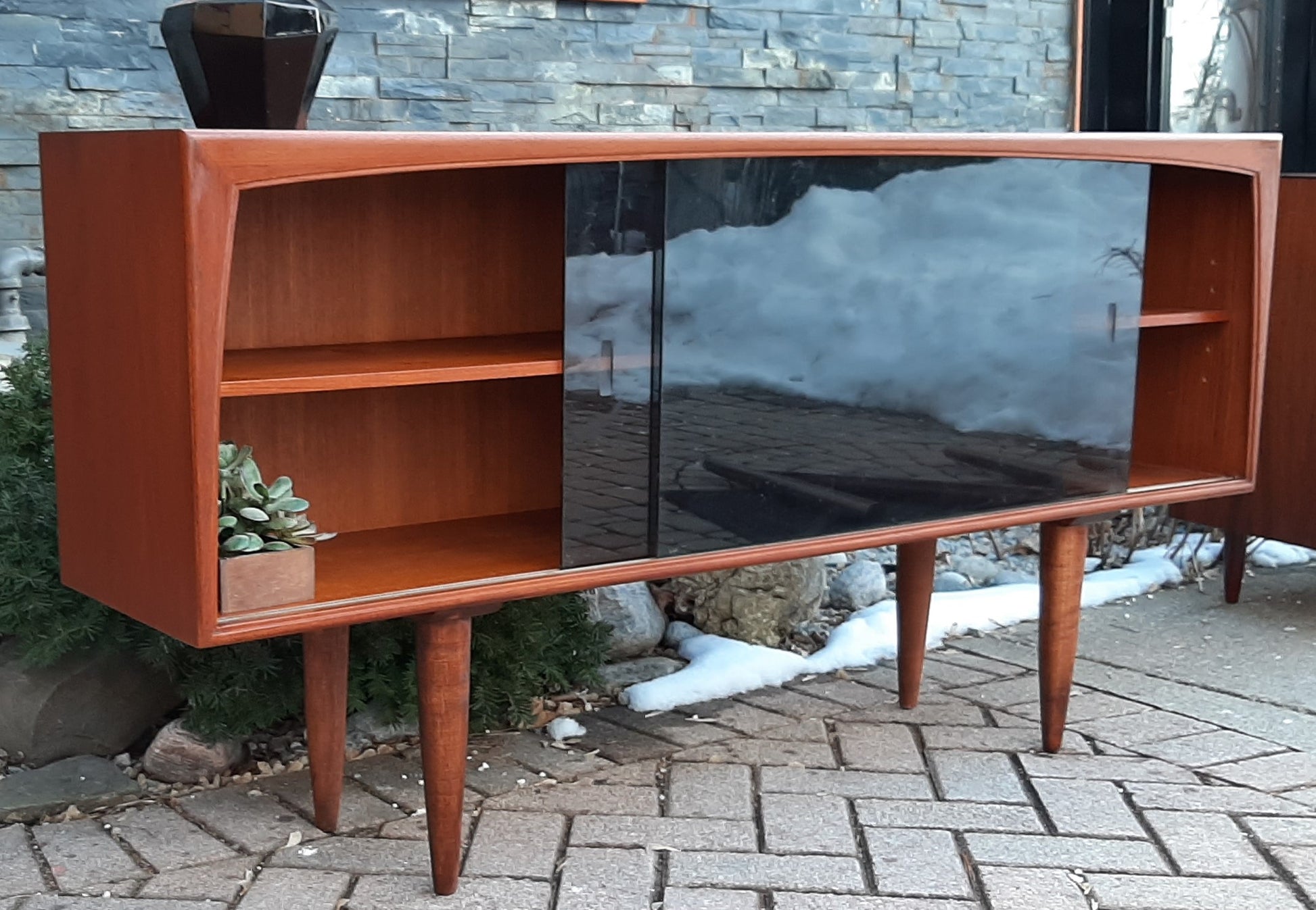 REFINISHED MCM  Teak Media Console 5 ft w tinted glass doors, PERFECT - Mid Century Modern Toronto