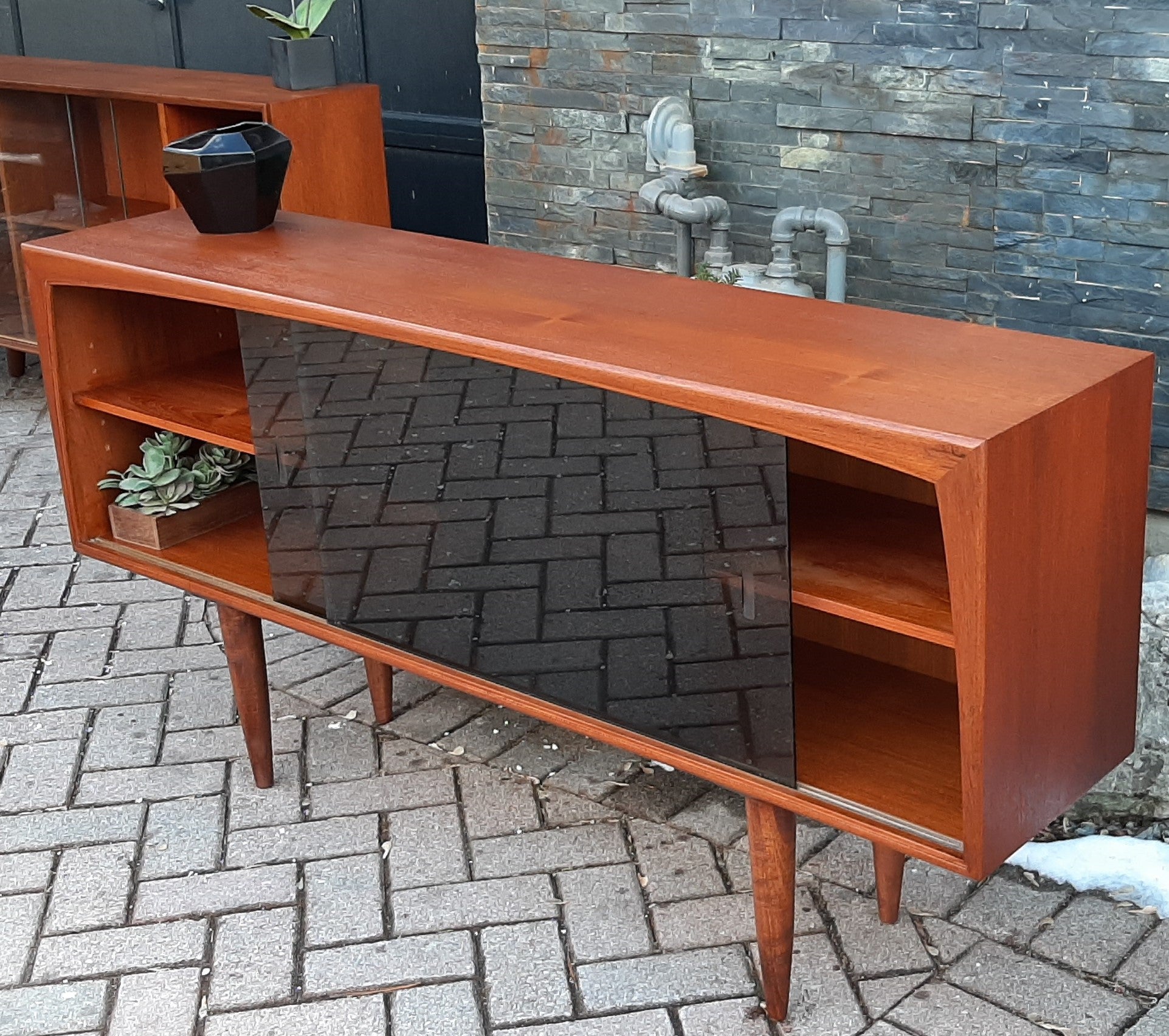 REFINISHED MCM  Teak Media Console 5 ft w tinted glass doors, PERFECT - Mid Century Modern Toronto