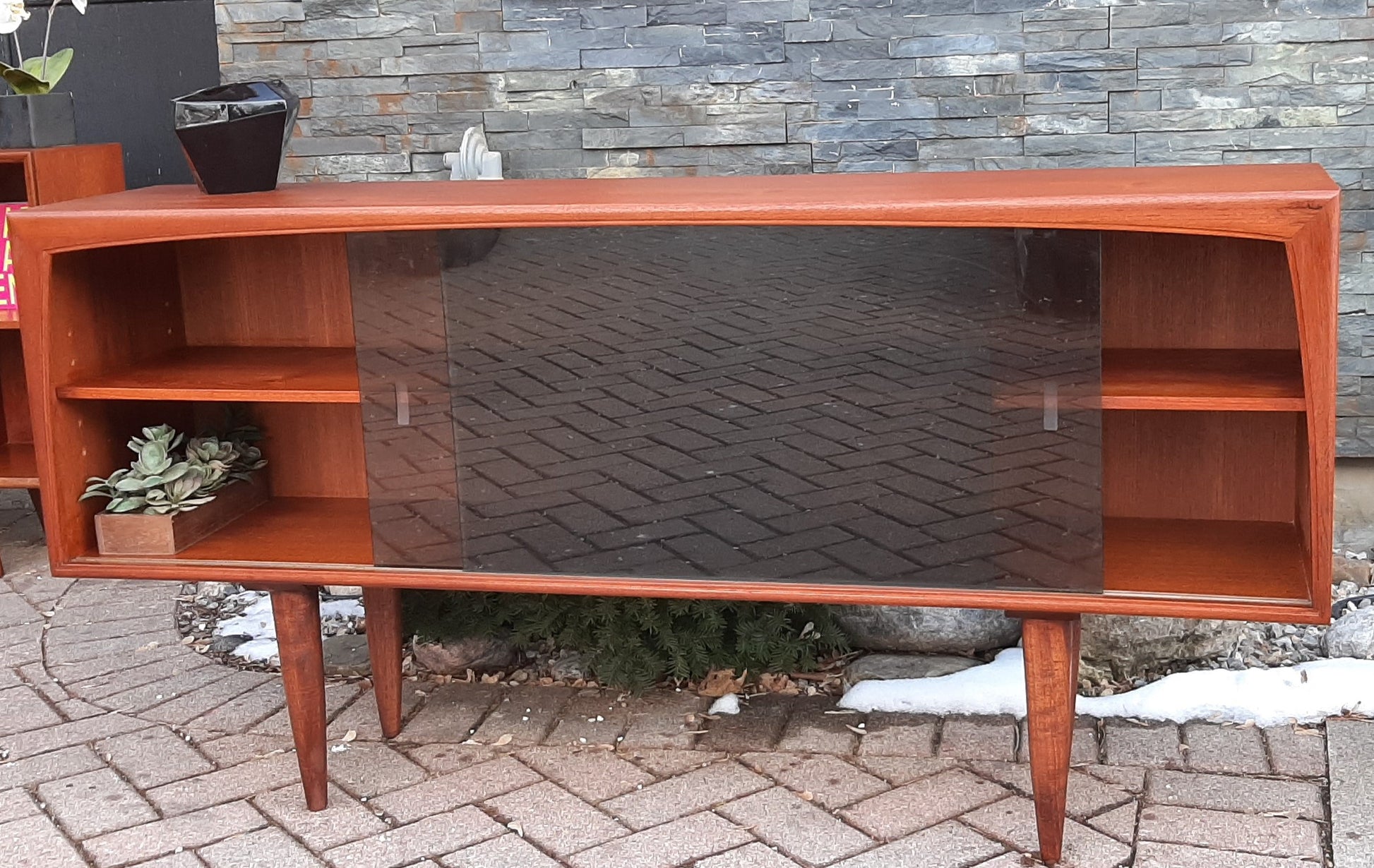 REFINISHED MCM  Teak Media Console 5 ft w tinted glass doors, PERFECT - Mid Century Modern Toronto