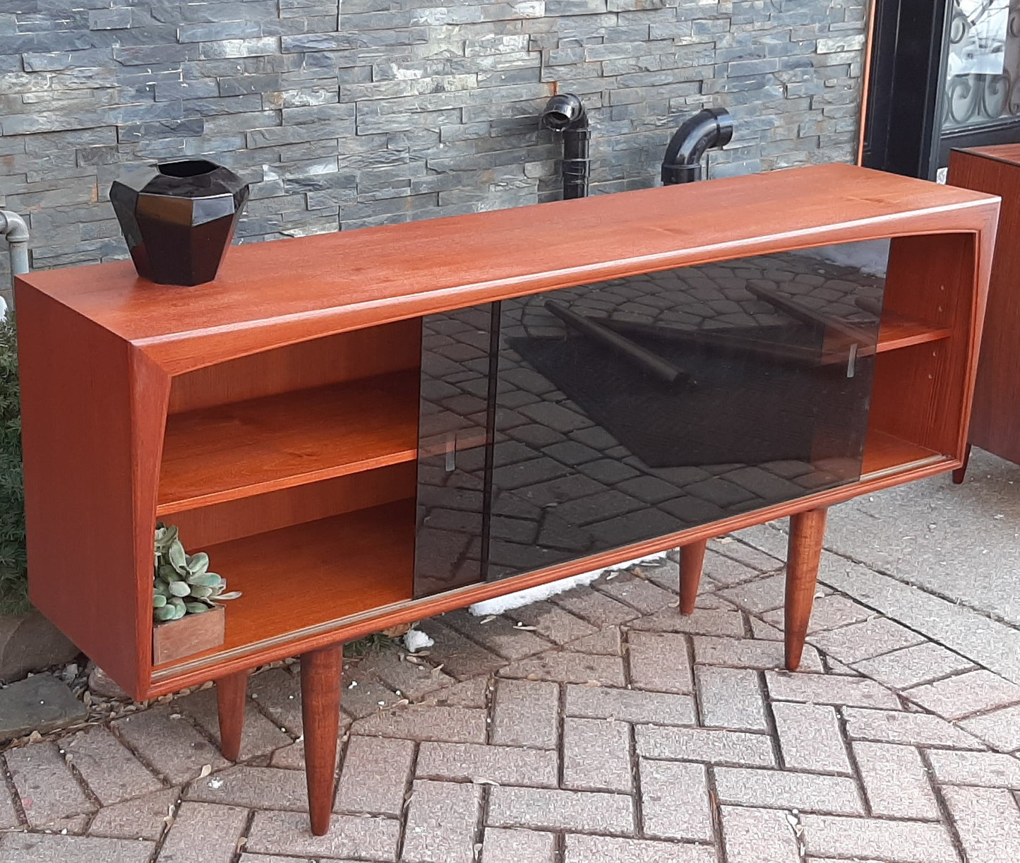 REFINISHED MCM  Teak Media Console 5 ft w tinted glass doors, PERFECT - Mid Century Modern Toronto