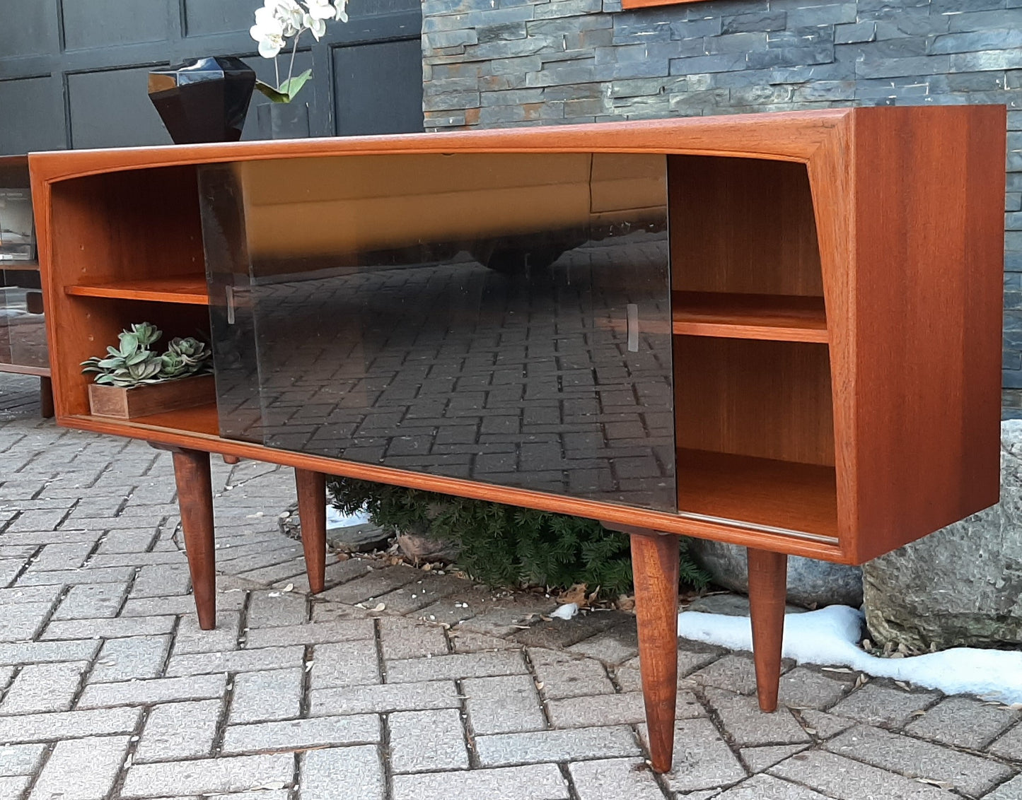 REFINISHED MCM  Teak Media Console 5 ft w tinted glass doors, PERFECT - Mid Century Modern Toronto