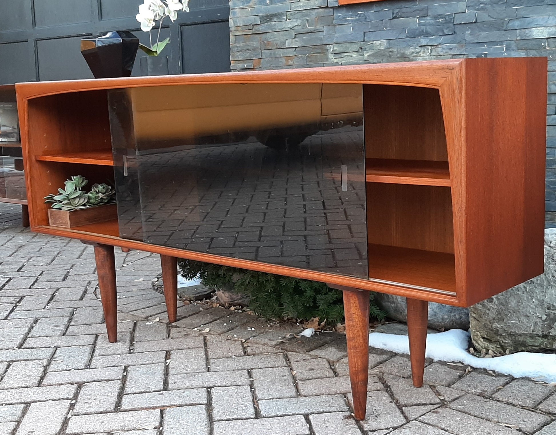 REFINISHED MCM  Teak Media Console 5 ft w tinted glass doors, PERFECT - Mid Century Modern Toronto
