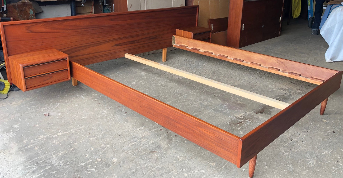 REFINISHED MCM Teak Platform Bed w floating nightstands Queen, PERFECT - Mid Century Modern Toronto