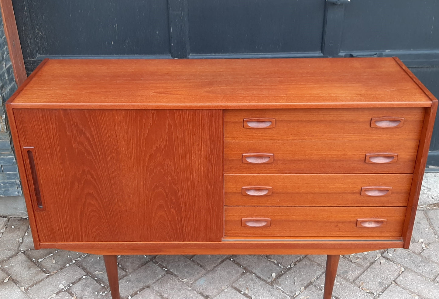 REFINISHED Compact MCM Teak Sideboard with Sliding Door & Drawers, 4 ft, perfect - Mid Century Modern Toronto