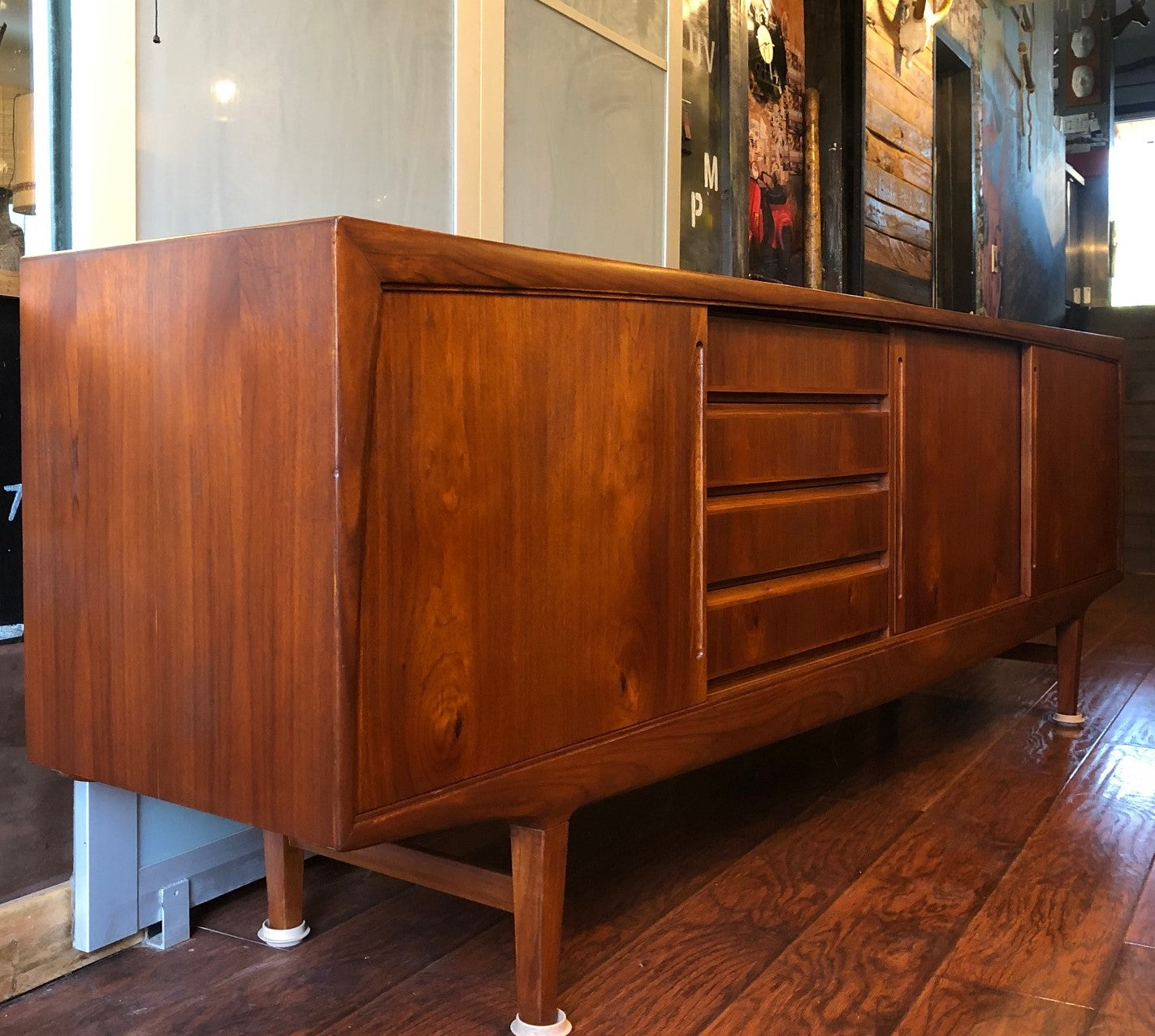 REFINISHED Large MCM Teak Credenza Sideboard w 3 sliding doors and drawers, 90" - Mid Century Modern Toronto