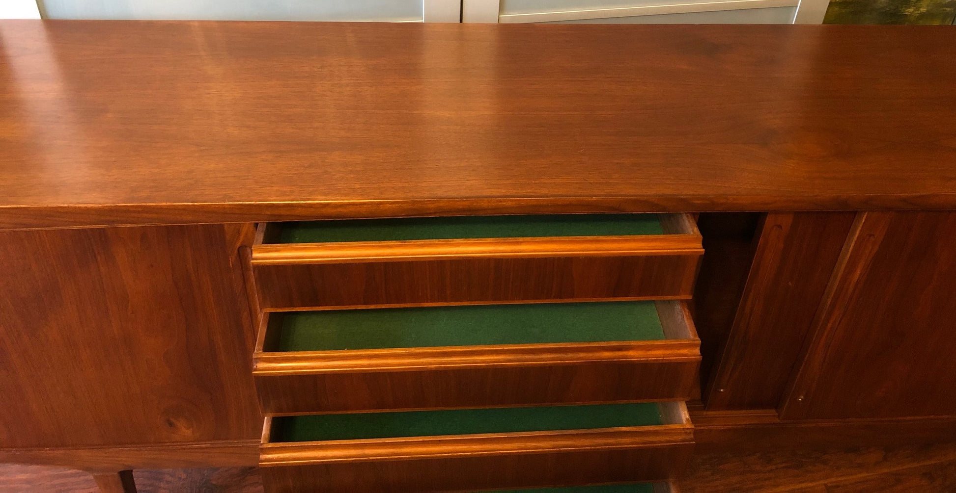 REFINISHED Large MCM Teak Credenza Sideboard w 3 sliding doors and drawers, 90" - Mid Century Modern Toronto