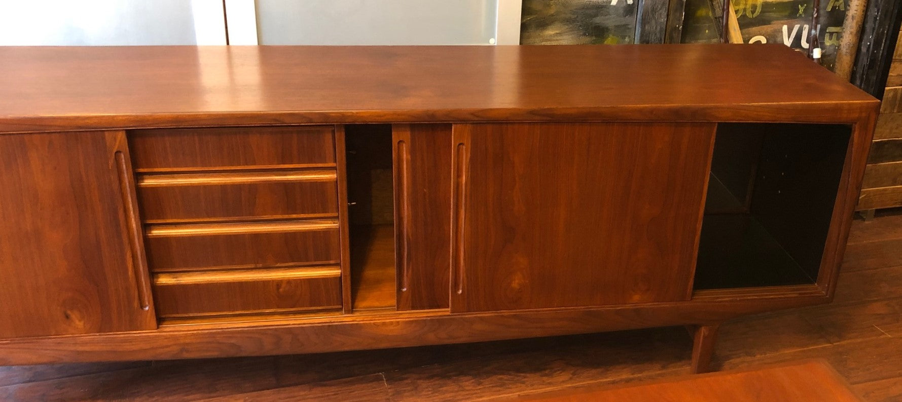 REFINISHED Large MCM Teak Credenza Sideboard w 3 sliding doors and drawers, 90" - Mid Century Modern Toronto