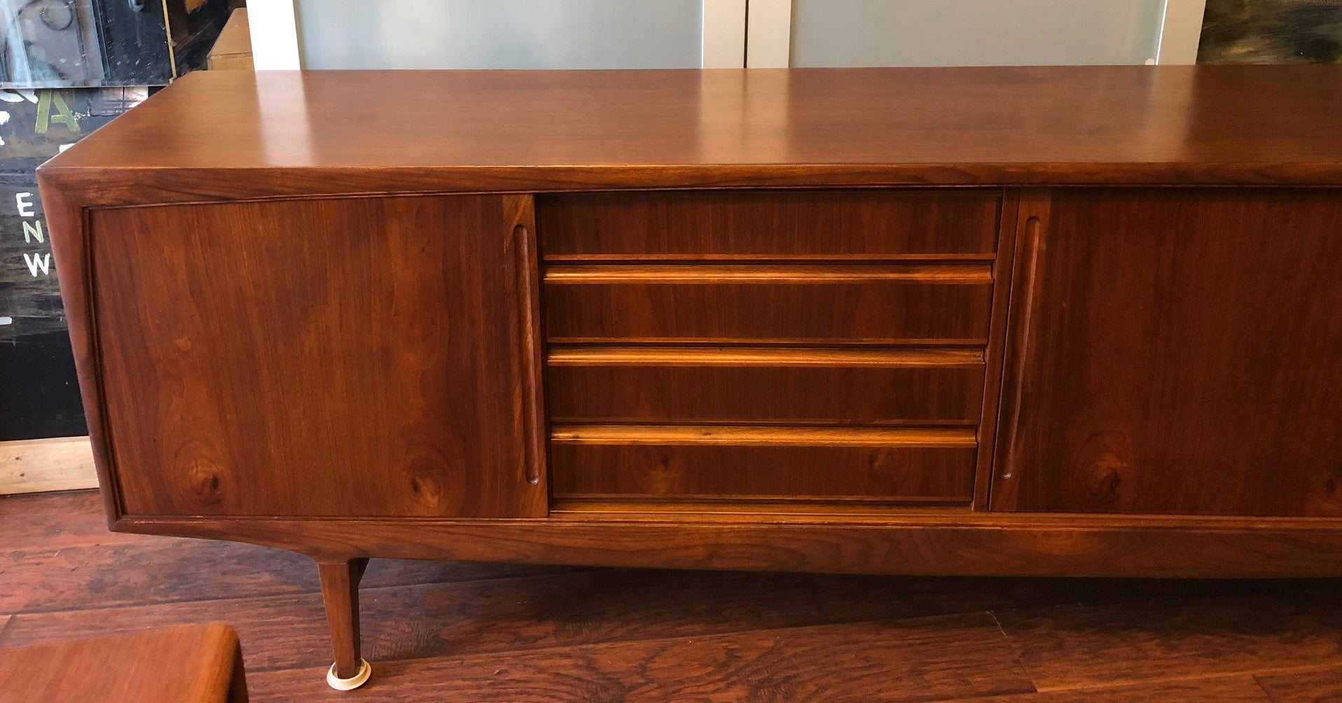 REFINISHED Large MCM Teak Credenza Sideboard w 3 sliding doors and drawers, 90" - Mid Century Modern Toronto