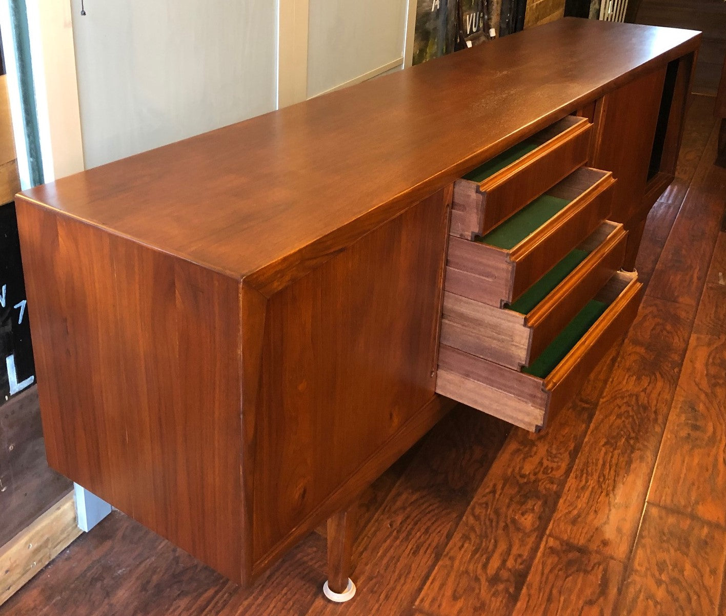 REFINISHED Large MCM Teak Credenza Sideboard w 3 sliding doors and drawers, 90" - Mid Century Modern Toronto