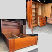 Restored MCM Teak Bed Double with Bookcase Headboard & Lighting, perfect - Mid Century Modern Toronto