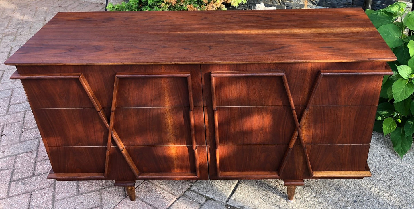 REFINISHED MCM Sculptural Walnut Dresser 6 drawers 55" - Mid Century Modern Toronto