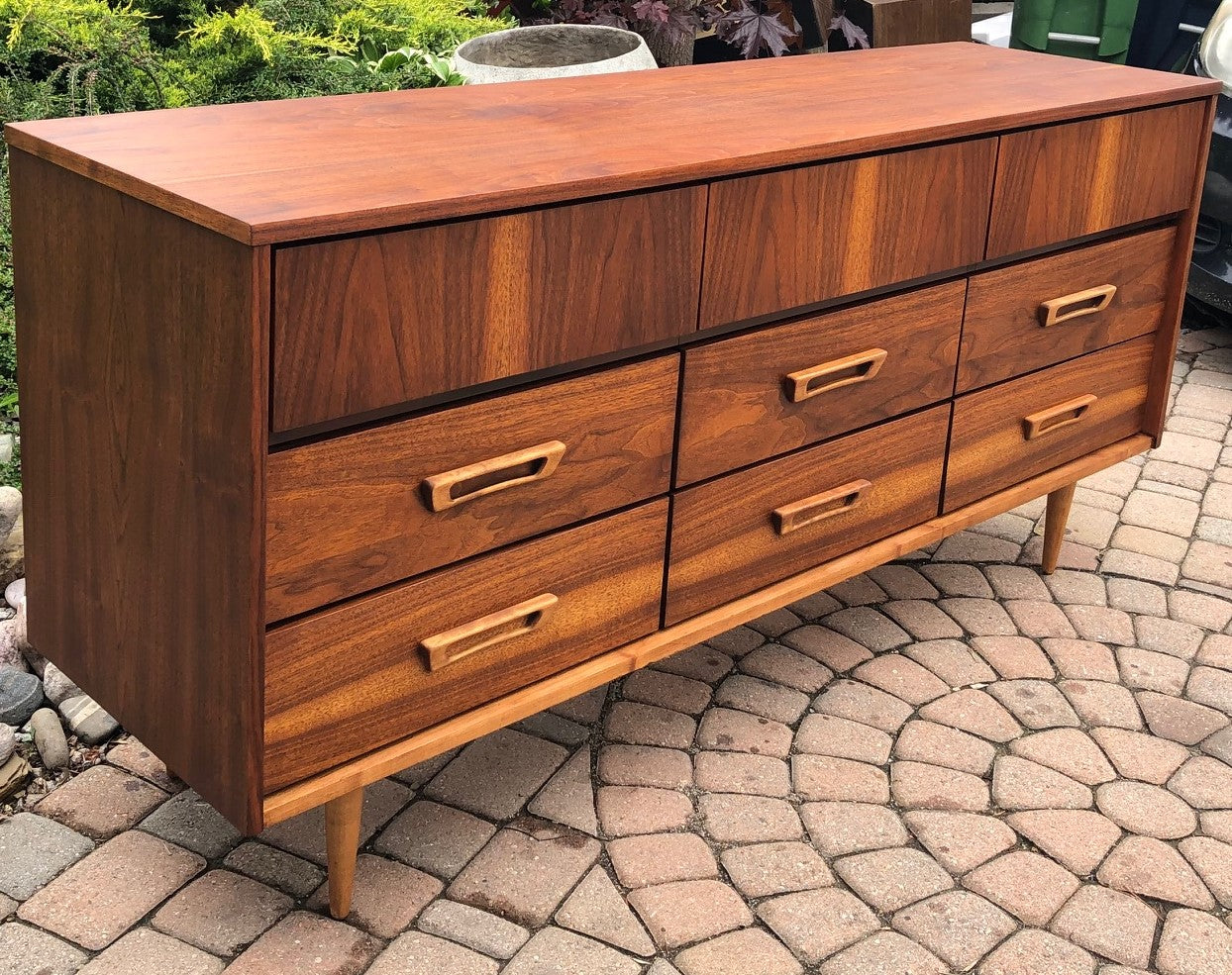 REFINISHED MCM Walnut Dresser 9 drawers 66" -PERFECT - Mid Century Modern Toronto