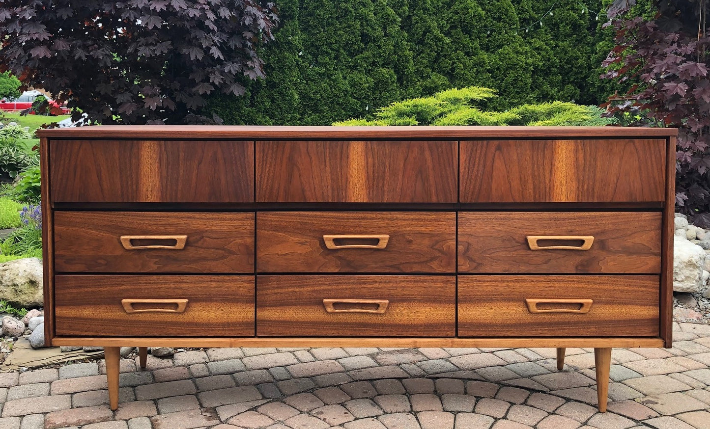 REFINISHED MCM Walnut Dresser 9 drawers 66" -PERFECT - Mid Century Modern Toronto