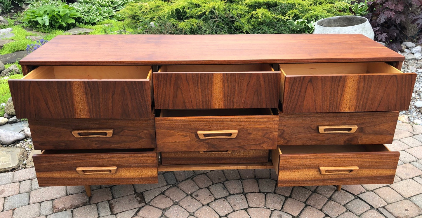 REFINISHED MCM Walnut Dresser 9 drawers 66" -PERFECT - Mid Century Modern Toronto