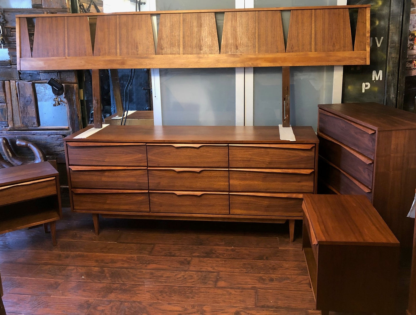 REFINISHED MCM Walnut long dresser, tallboy, 2 night stands & Queen/King headboard PERFECT - Mid Century Modern Toronto