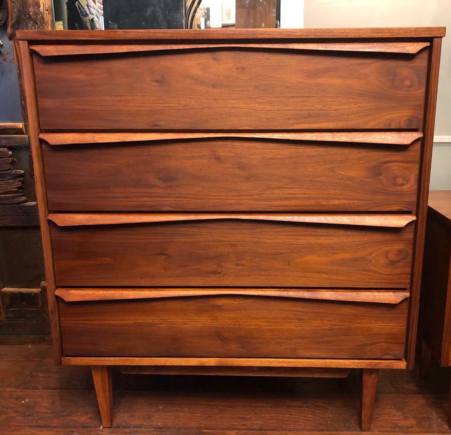 REFINISHED MCM Walnut long dresser, tallboy, 2 night stands & Queen/King headboard PERFECT - Mid Century Modern Toronto