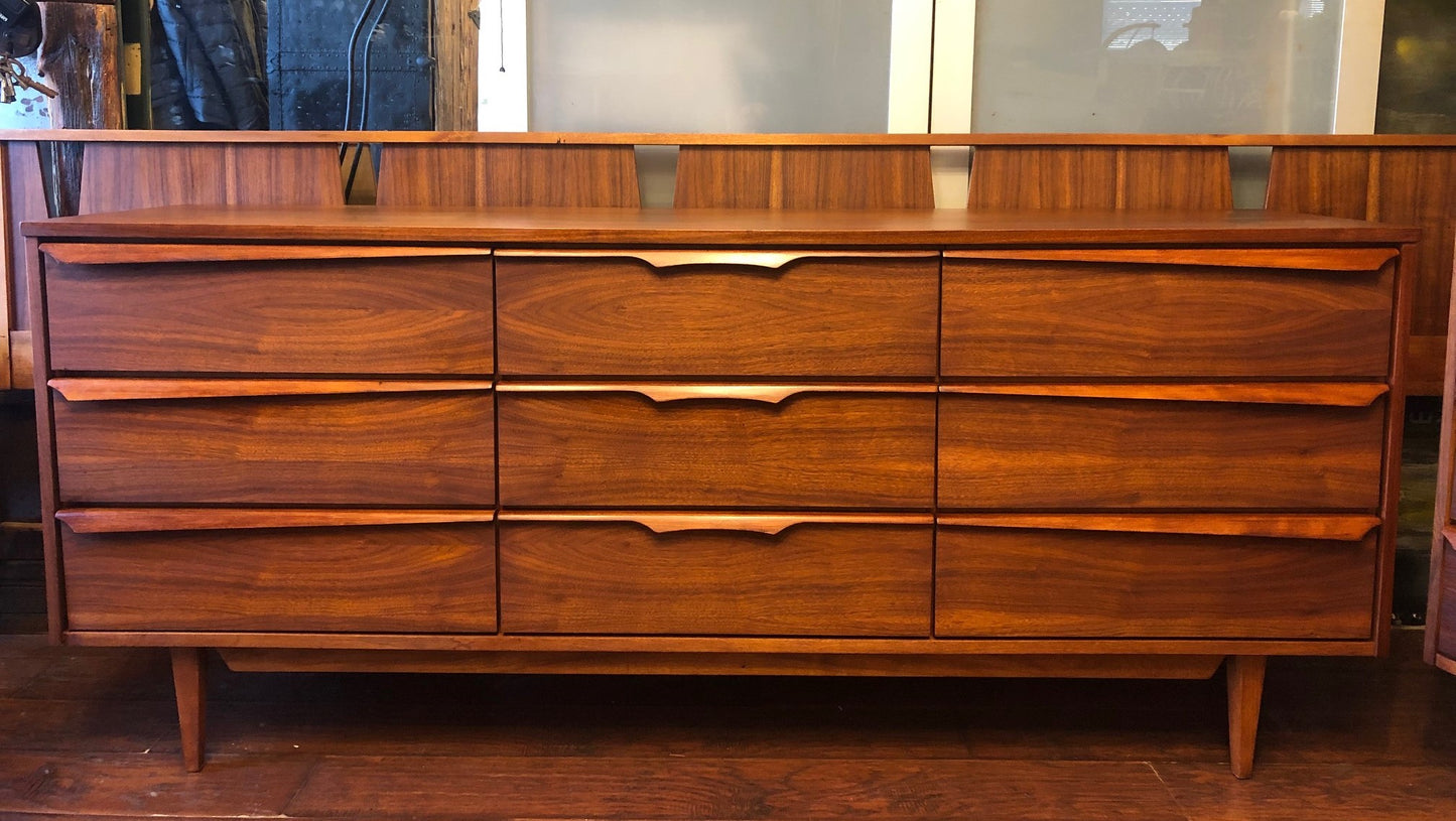 REFINISHED MCM Walnut long dresser, tallboy, 2 night stands & Queen/King headboard PERFECT - Mid Century Modern Toronto
