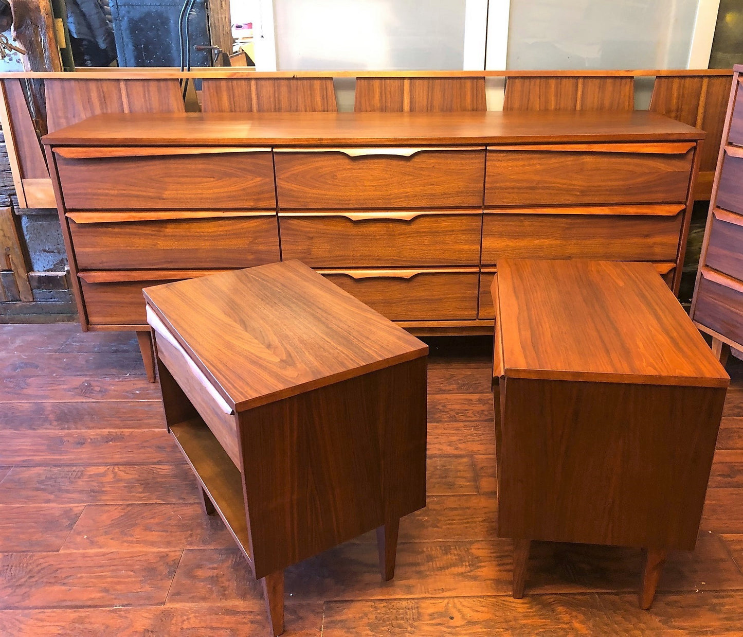 REFINISHED MCM Walnut long dresser, tallboy, 2 night stands & Queen/King headboard PERFECT - Mid Century Modern Toronto