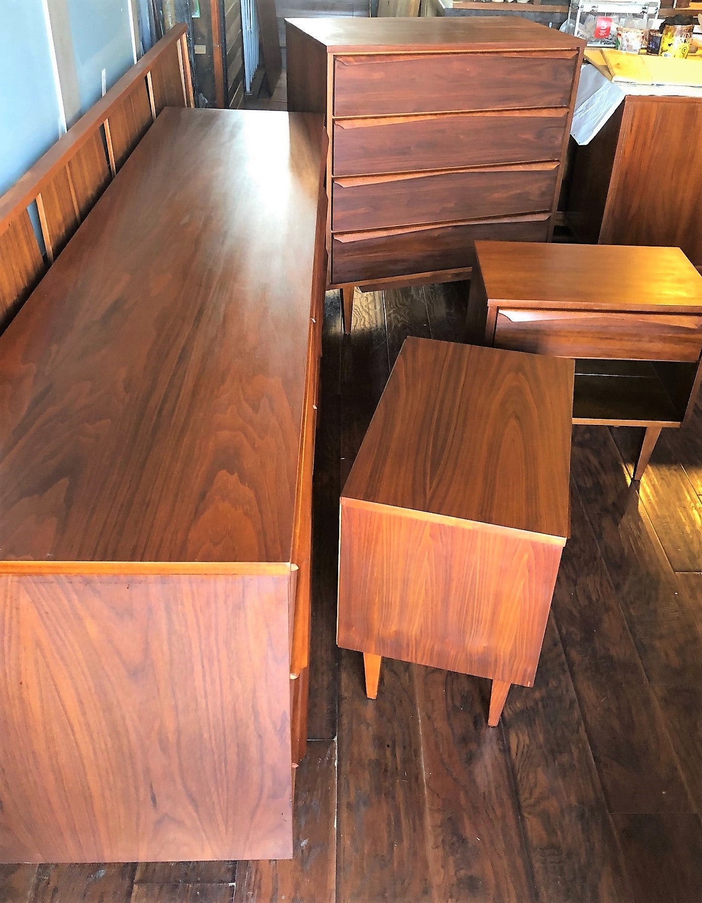 REFINISHED MCM Walnut long dresser, tallboy, 2 night stands & Queen/King headboard PERFECT - Mid Century Modern Toronto