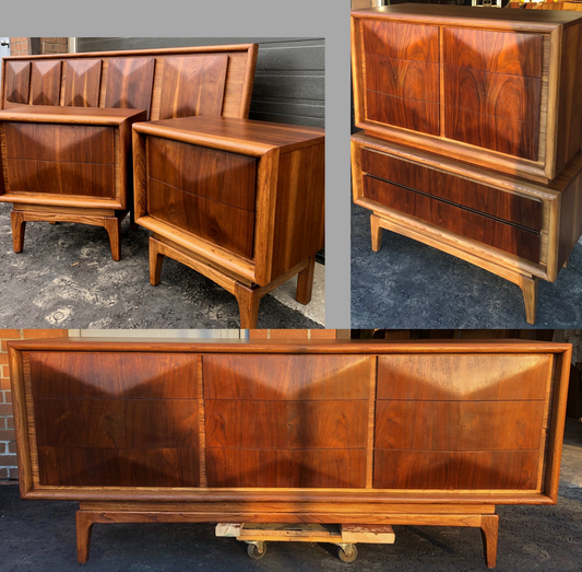 REFINISHED MCM Walnut Bedroom Set Vladimir Kagan style: 9 Drawer Dresser, Tallboy, 2 Nightstands & Headboard - Mid Century Modern Toronto