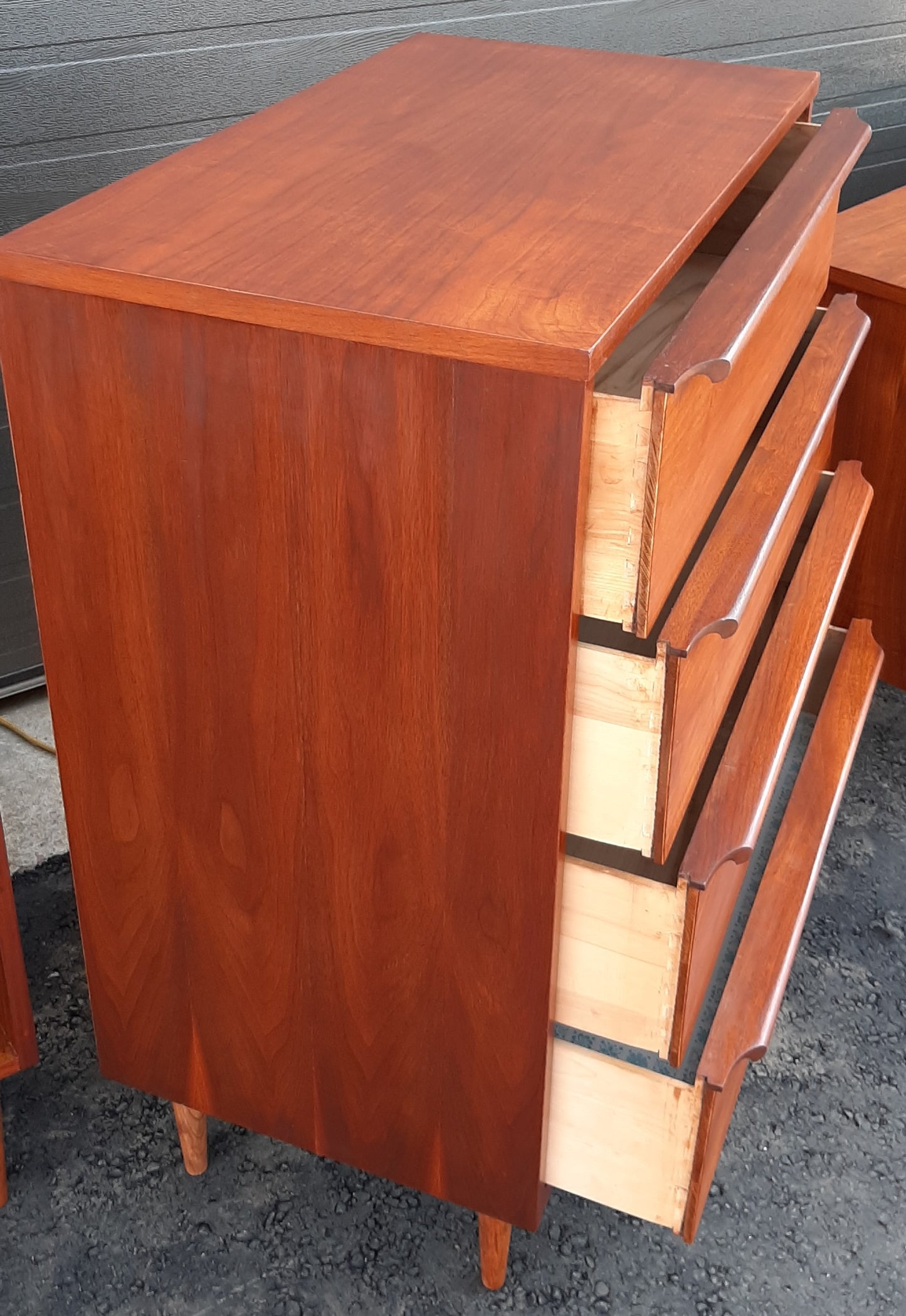 REFINISHED Compact MCM Walnut Bedroom Set: Dresser 9 Drawers, Tallboy, 2 Nightstands PERFECT - Mid Century Modern Toronto
