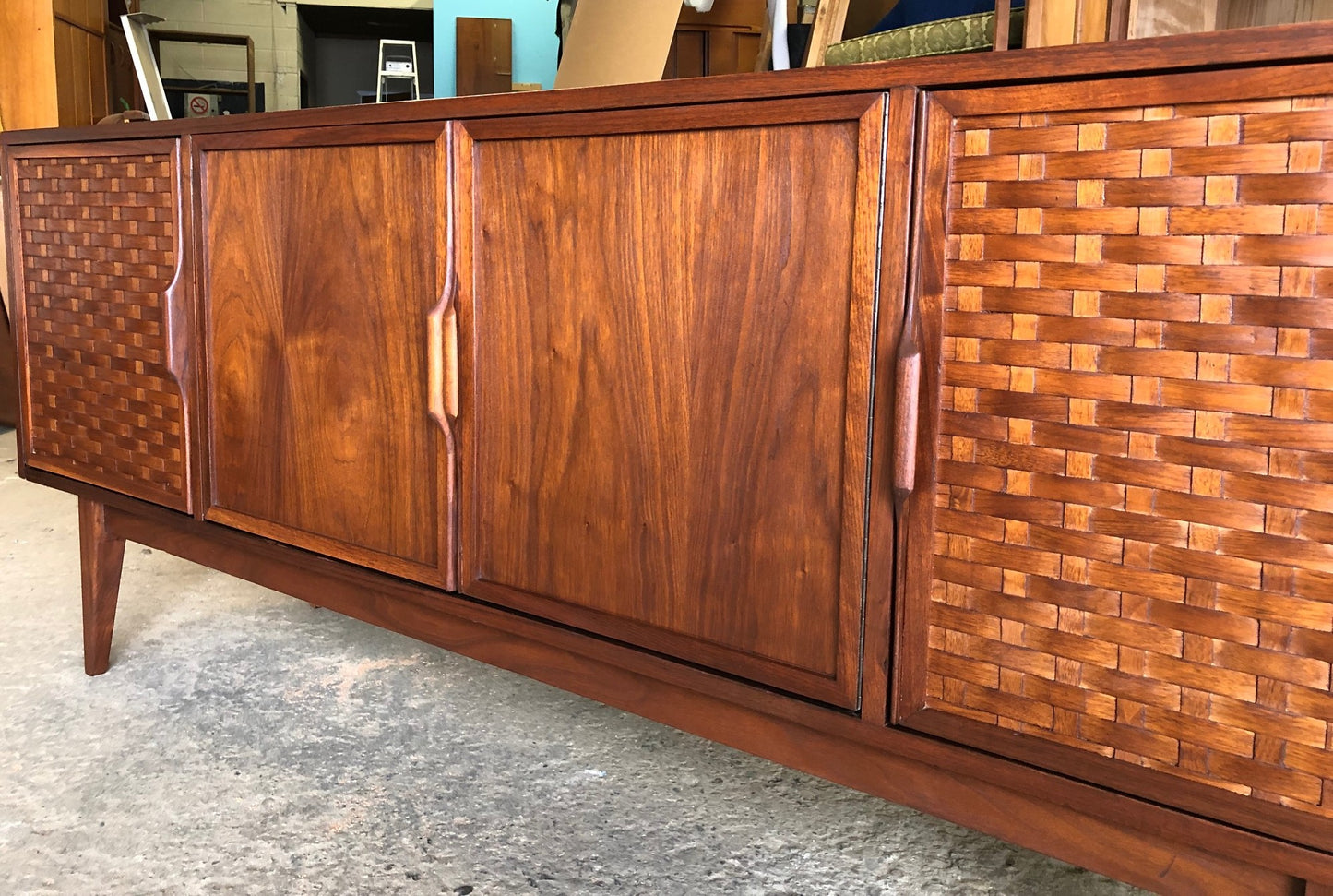 REFINISHED MCM Walnut Credenza with woven front PERFECT, 6ft - Mid Century Modern Toronto