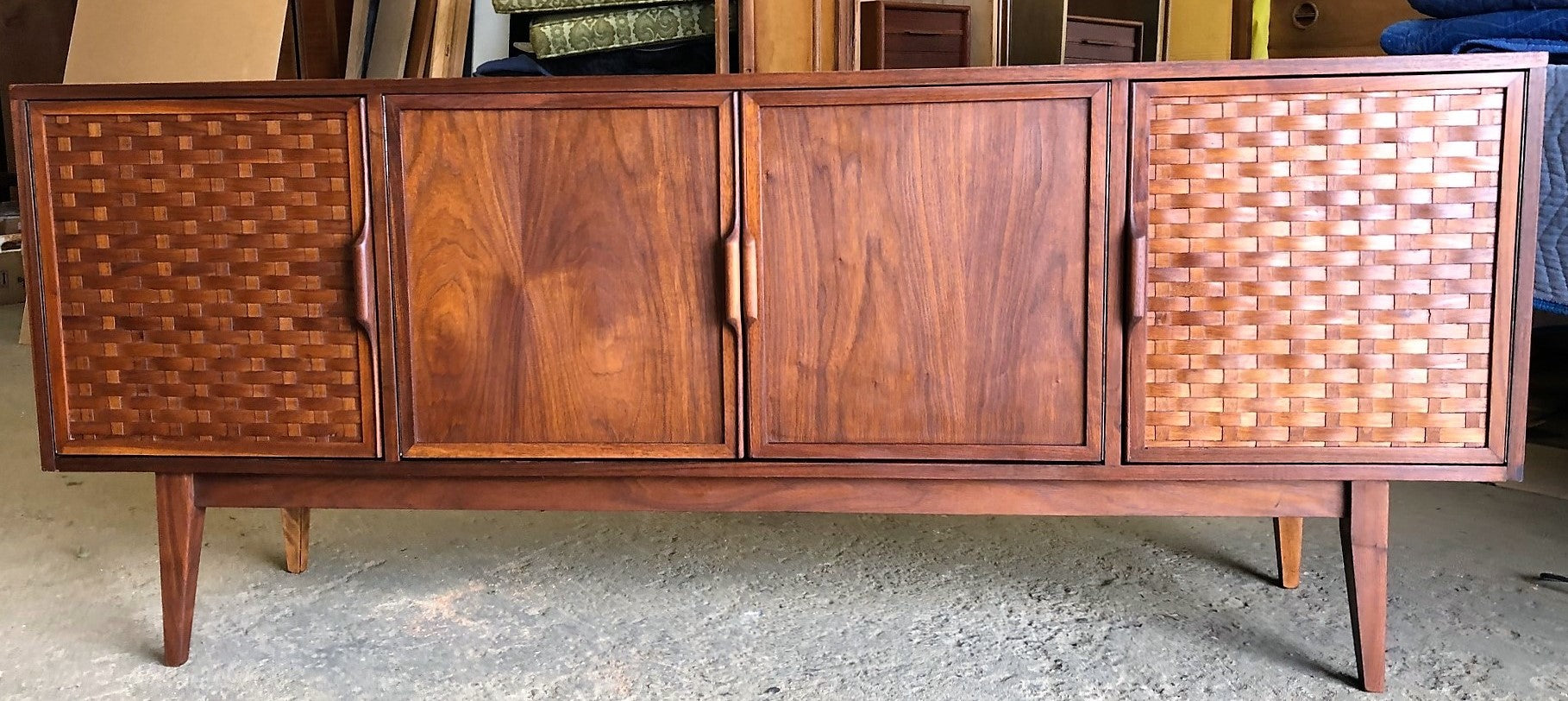 REFINISHED MCM Walnut Credenza with woven front PERFECT, 6ft - Mid Century Modern Toronto