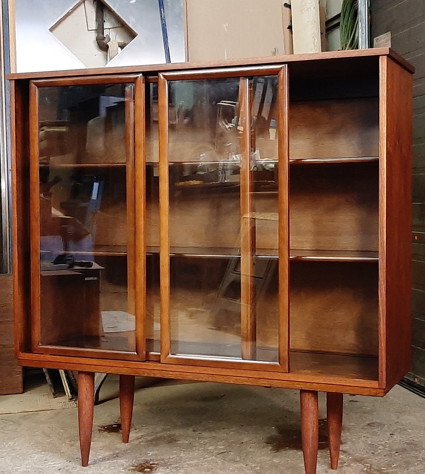 REFINISHED MCM Walnut Display Bookcase China Cabinet with sliding doors 48" PERFECT - Mid Century Modern Toronto