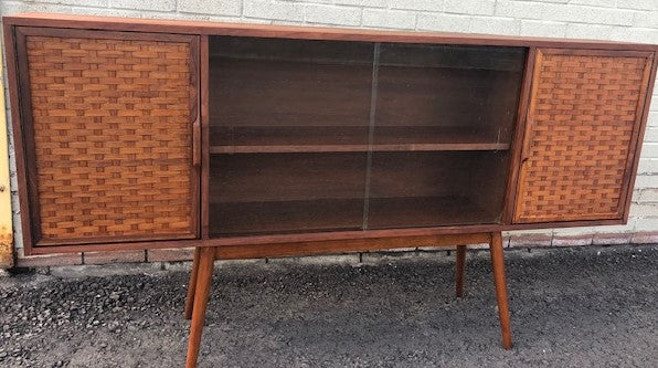 REFINISHED MCM Walnut Display w woven & glass doors 71" long & narrow, PERFECT - Mid Century Modern Toronto