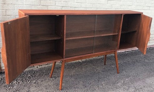 REFINISHED MCM Walnut Display w woven & glass doors 71" long & narrow, PERFECT - Mid Century Modern Toronto
