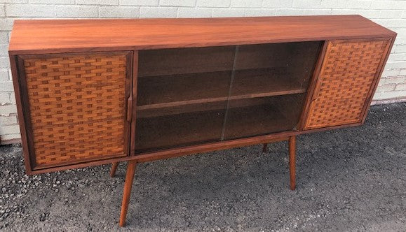 REFINISHED MCM Walnut Display w woven & glass doors 71" long & narrow, PERFECT - Mid Century Modern Toronto