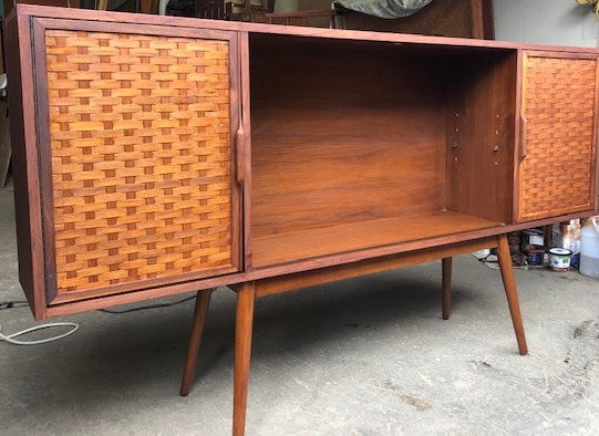 REFINISHED MCM Walnut Display w woven & glass doors 71" long & narrow, PERFECT - Mid Century Modern Toronto
