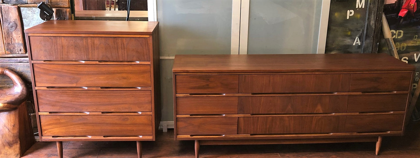 REFINISHED MCM Walnut Dresser 9 Drawers 6 ft and Tallboy 34", PERFECT - Mid Century Modern Toronto