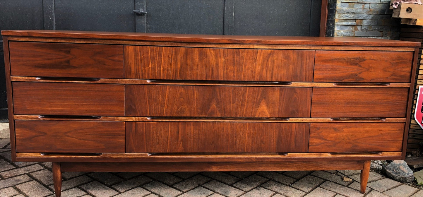 REFINISHED MCM Walnut Dresser 9 Drawers 6 ft and Tallboy 34", PERFECT - Mid Century Modern Toronto