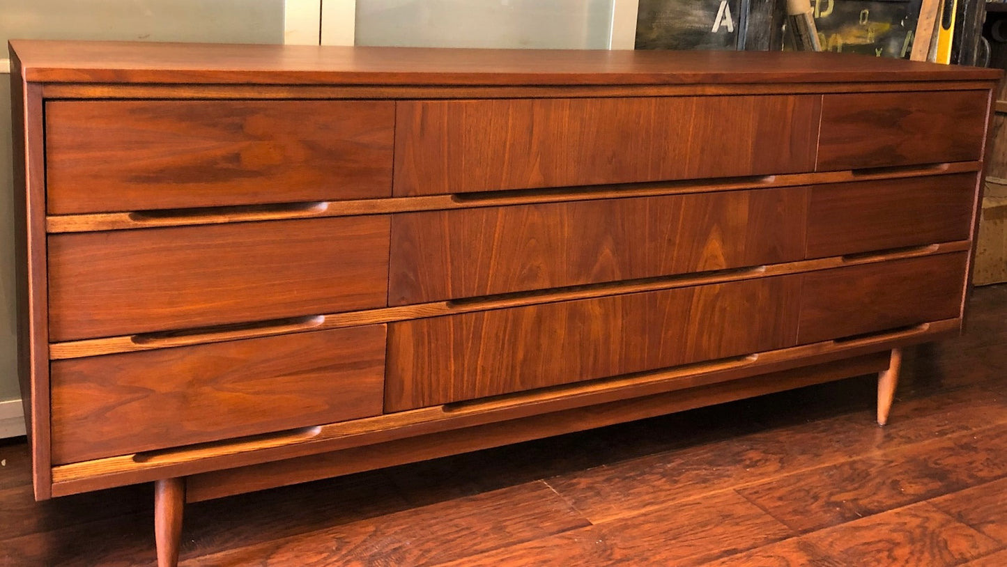 REFINISHED MCM Walnut Dresser 9 Drawers 6 ft and Tallboy 34", PERFECT - Mid Century Modern Toronto