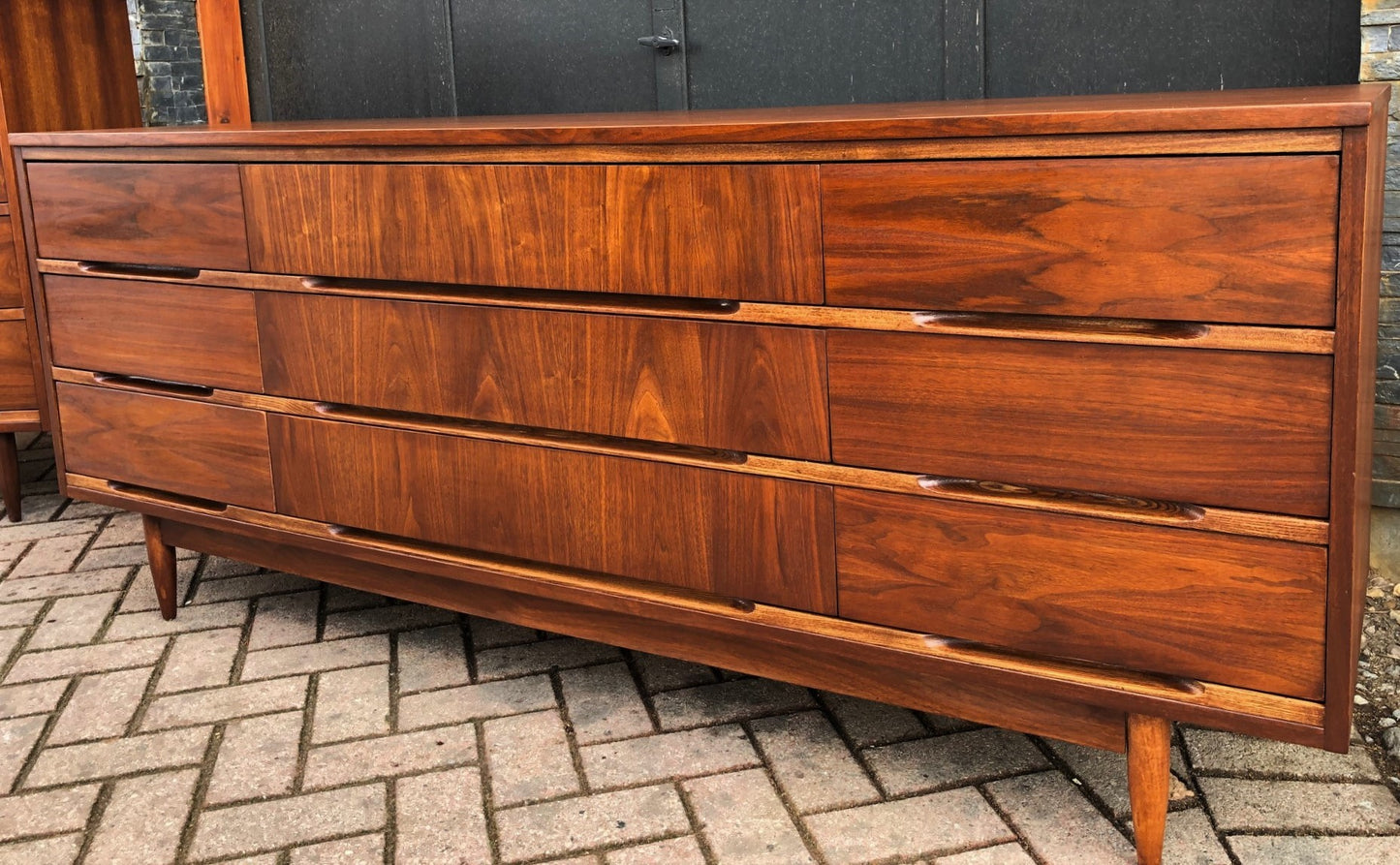 REFINISHED MCM Walnut Dresser 9 Drawers 6 ft and Tallboy 34", PERFECT - Mid Century Modern Toronto