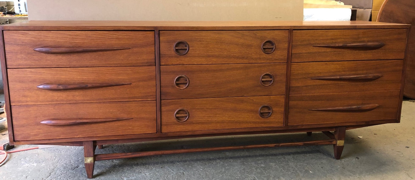 REFINISHED MCM Walnut Dresser 9 Drawers 80” Perfect - Mid Century Modern Toronto