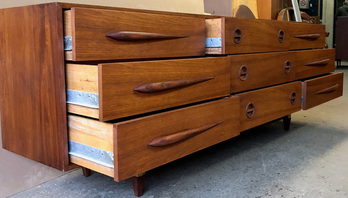 REFINISHED MCM Walnut Dresser 9 Drawers 80” Perfect - Mid Century Modern Toronto