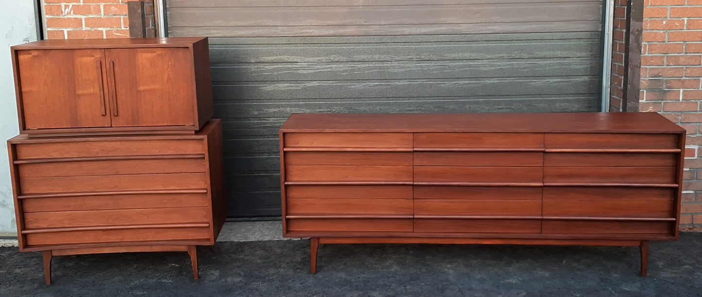 REFINISHED MCM Walnut Set of a Long Dresser 9 Drawers and a Gentleman's Chest, PERFECT - Mid Century Modern Toronto
