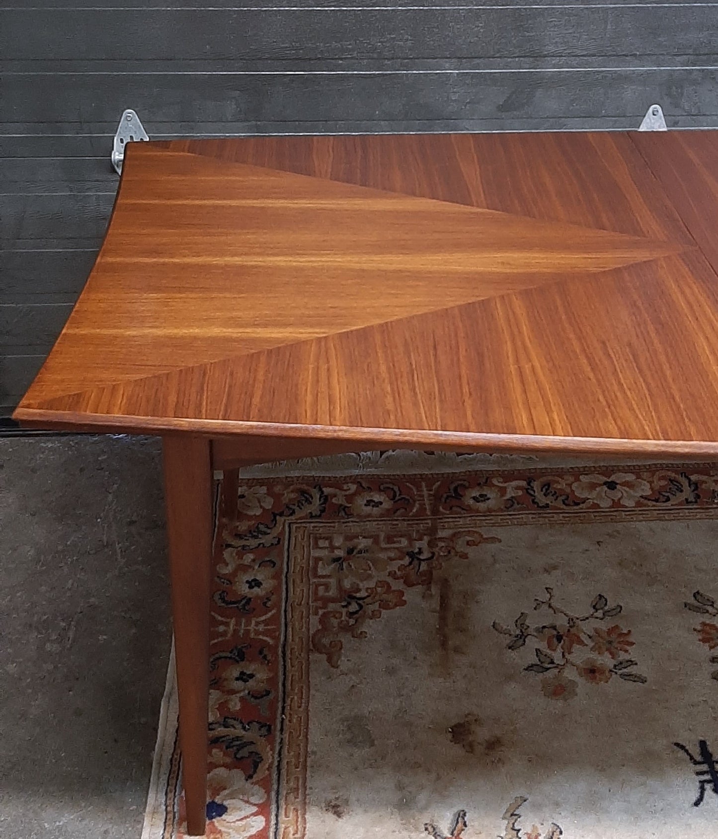 REFINISHED Unique MCM Walnut Inlay Table with 1 leaf, perfect, 68"-92" - Mid Century Modern Toronto