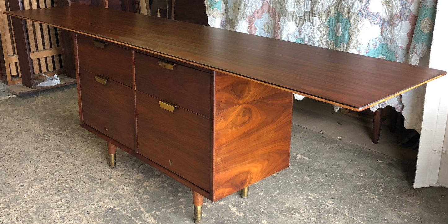 REFINISHED Large MCM Walnut Office Suite PERFECT (Desk Boomerang Shape & Office Console 83"/96") - Mid Century Modern Toronto