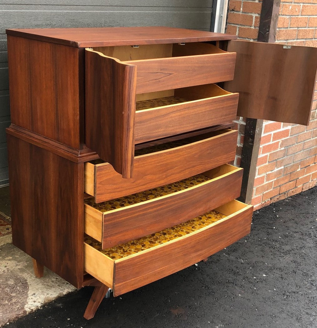 REFINISHED MCM American Sculpted Walnut Tallboy Bureau 36” PERFECT - Mid Century Modern Toronto