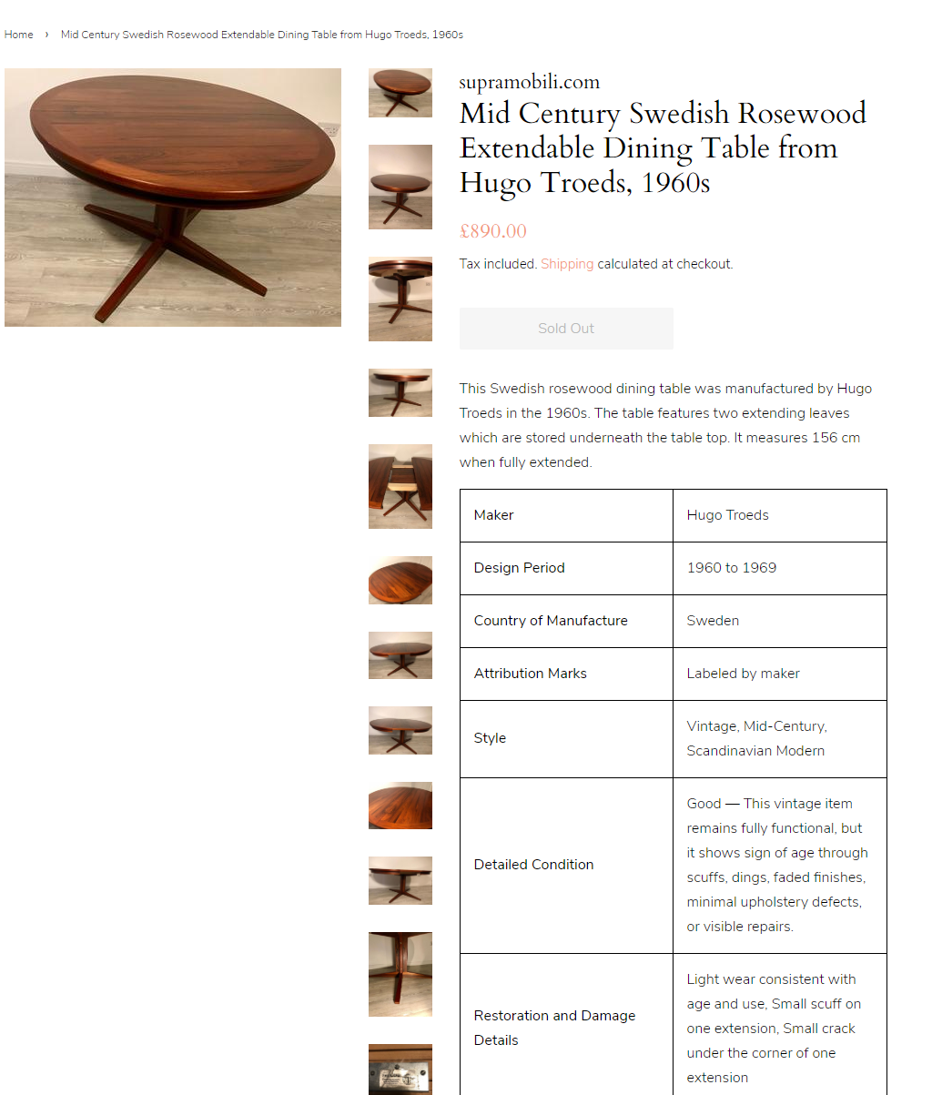 REFINISHED MCM Rosewood Table Round to Oval by Troeds 48"-61" PERFECT, treated for durability - Mid Century Modern Toronto