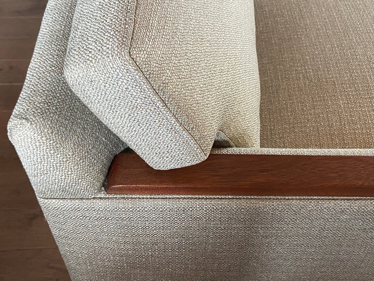 REFINISHED REUPHOLSTERED in Greige Performance Fabric High Quality MCM Sofa by SELIG - PERFECT