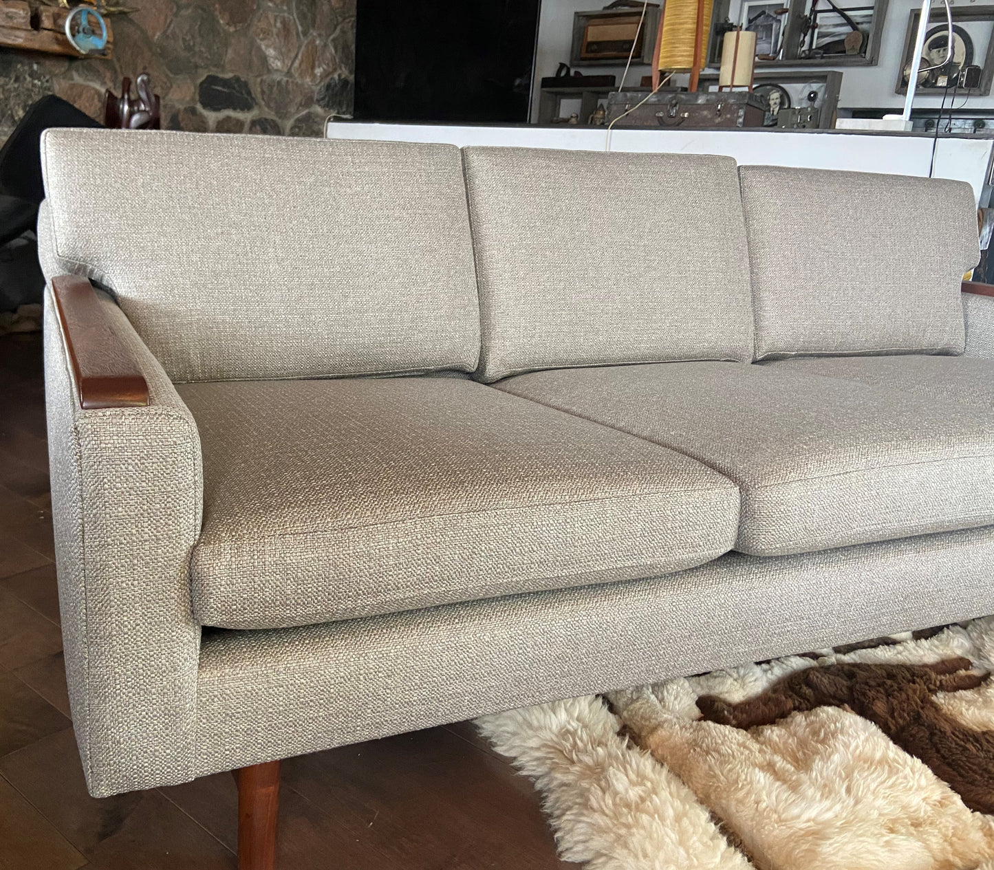 REFINISHED REUPHOLSTERED in Greige Performance Fabric High Quality MCM Sofa by SELIG - PERFECT