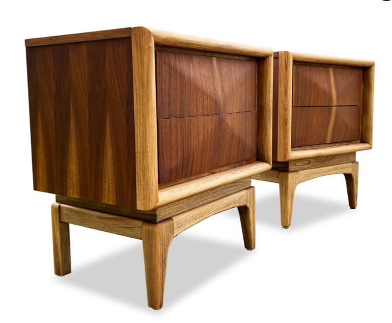 2 REFINISHED Mid Century Modern Walnut Diamond Front Nightstands V. Kagan style