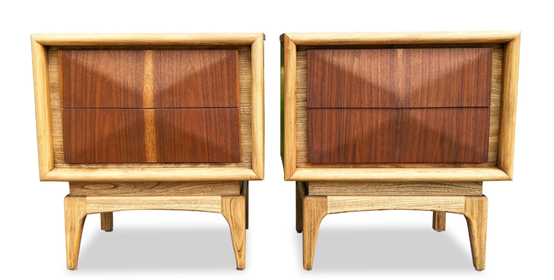 2 REFINISHED Mid Century Modern Walnut Diamond Front Nightstands V. Kagan style
