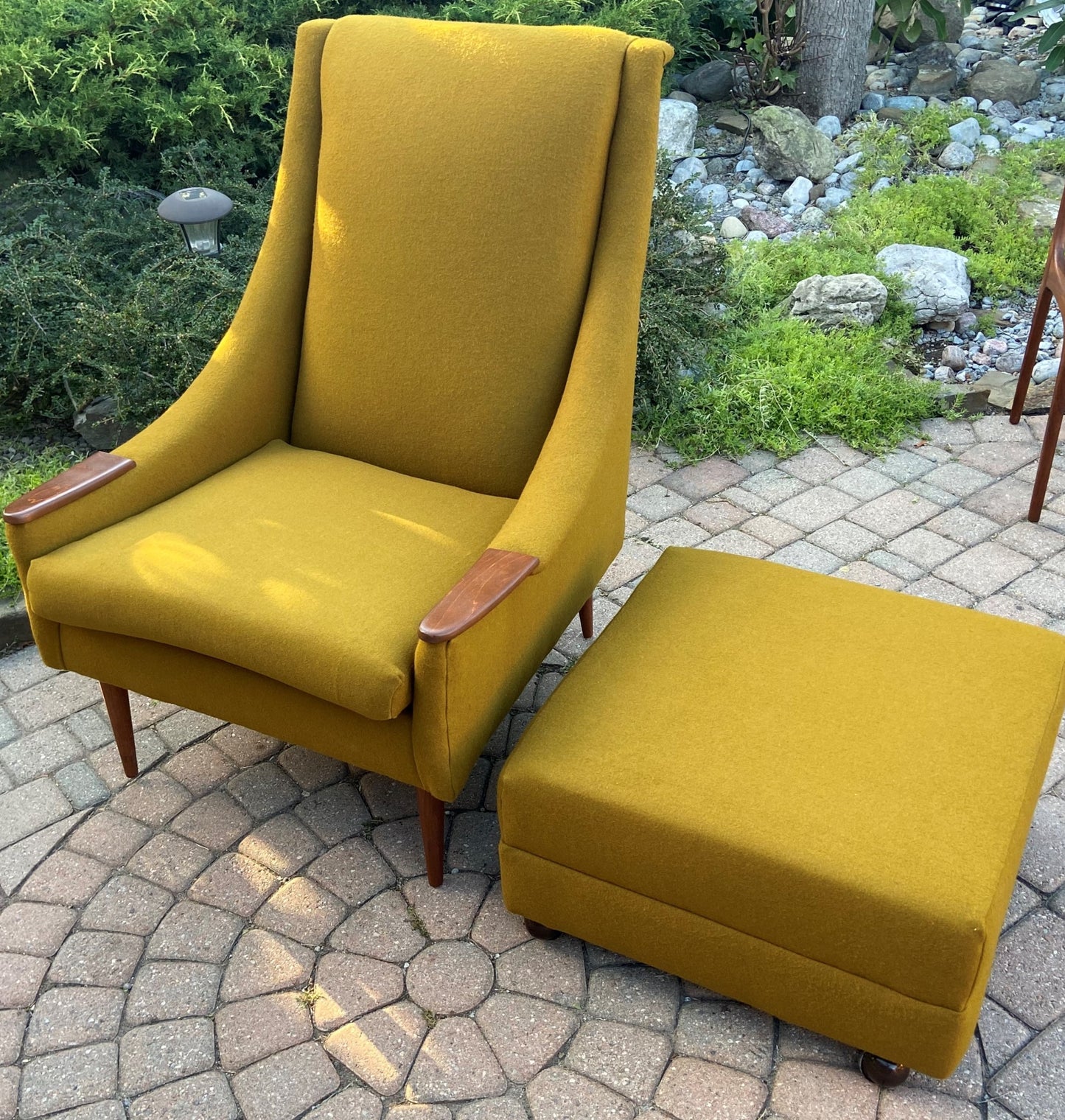 REFINISHED REUPHOLSTERED Mid Century Modern armchair & ottoman