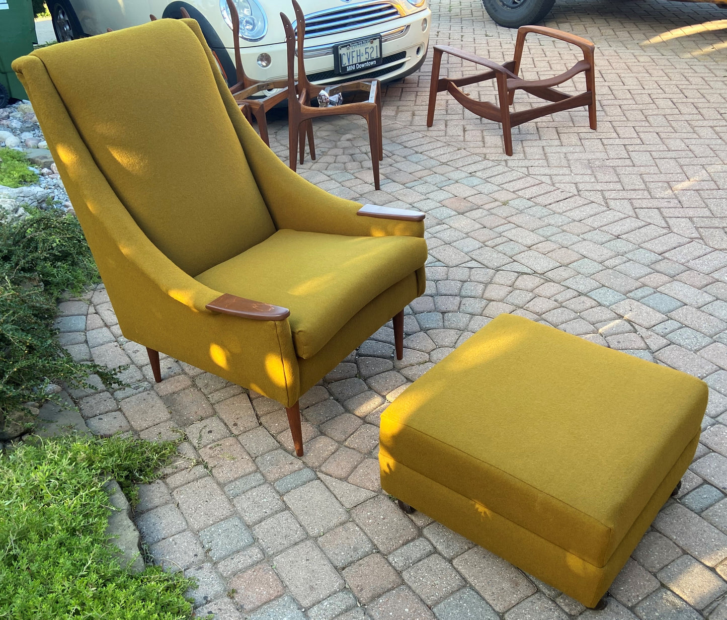 REFINISHED REUPHOLSTERED Mid Century Modern armchair & ottoman